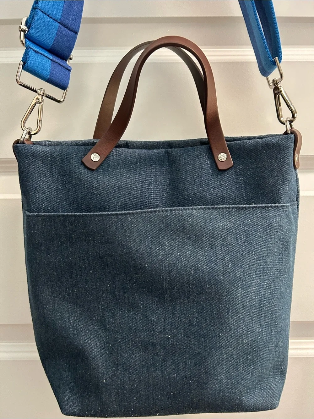 Brighton Navy Denim Tote with Red Heart Embroidery and Blue Strap